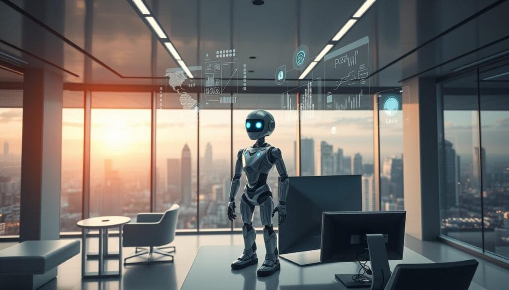 A modern, high-tech office setting with sleek, minimalist furniture and floor-to-ceiling windows overlooking a bustling city skyline. In the foreground, a stylized robot figure stands atop a computer workstation, its metallic body and glowing LED eyes conveying a sense of intelligence and automation. Holographic displays and floating data visualizations surround the robot, representing the complex algorithms and data analysis powering its investment management capabilities. The overall atmosphere is one of efficiency, sophistication, and the seamless integration of technology with financial services. A modern, high-tech office setting with sleek, minimalist furniture and floor-to-ceiling windows overlooking a bustling city skyline. In the foreground, a stylized robot figure stands atop a computer workstation, its metallic body and glowing LED eyes conveying a sense of intelligence and automation. Holographic displays and floating data visualizations surround the robot, representing the complex algorithms and data analysis powering its investment management capabilities. The overall atmosphere is one of efficiency, sophistication, and the seamless integration of technology with financial services.