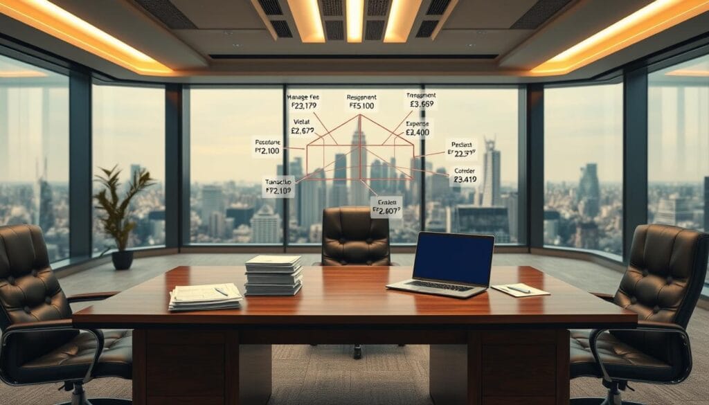A modern office interior with a large wooden desk, plush leather chairs, and a sophisticated lighting setup. On the desk, a stack of financial documents and a laptop display a graph visualizing the complex structure of retirement advisory fees. The middle ground features a stylized illustration of various fees, including management fees, expense ratios, and transaction costs, all interconnected and hovering above the desk. In the background, a panoramic window offers a view of a bustling city skyline, symbolizing the broader financial landscape. The overall mood is one of professional authority and careful consideration of the nuances involved in retirement advisory services.