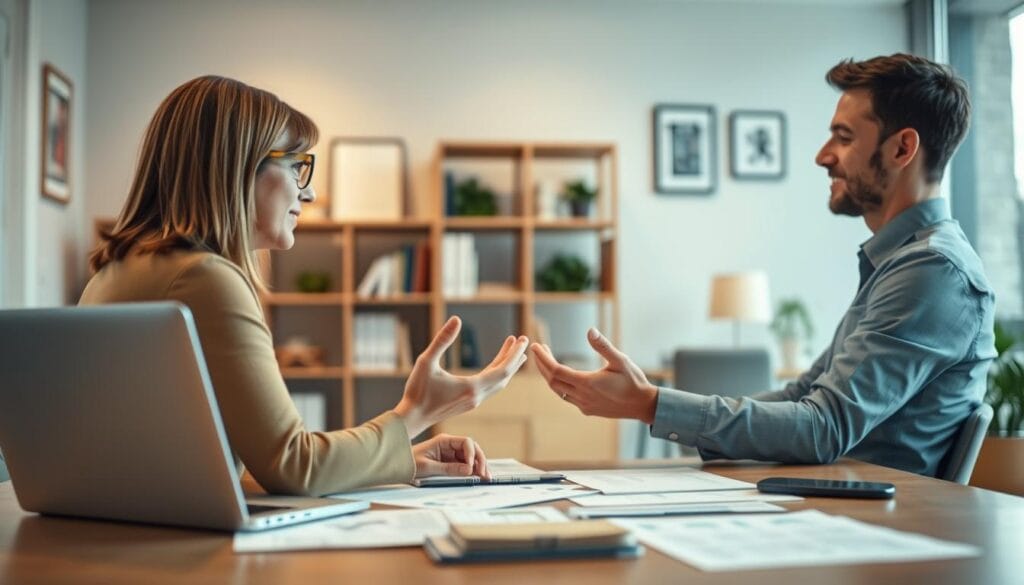 A modern office setting with a desk, laptop, and financial documents. In the foreground, a financial advisor sits across from a client, their hands gesturing as they discuss investment options. The middle ground features a bookshelf and wall decor hinting at the advisor's expertise. The background is softly blurred, creating a sense of focus on the interaction. Warm, professional lighting illuminates the scene, conveying a welcoming and knowledgeable atmosphere. The overall mood is one of thoughtful consultation, where the advisor's questions guide the client toward informed financial decisions.
