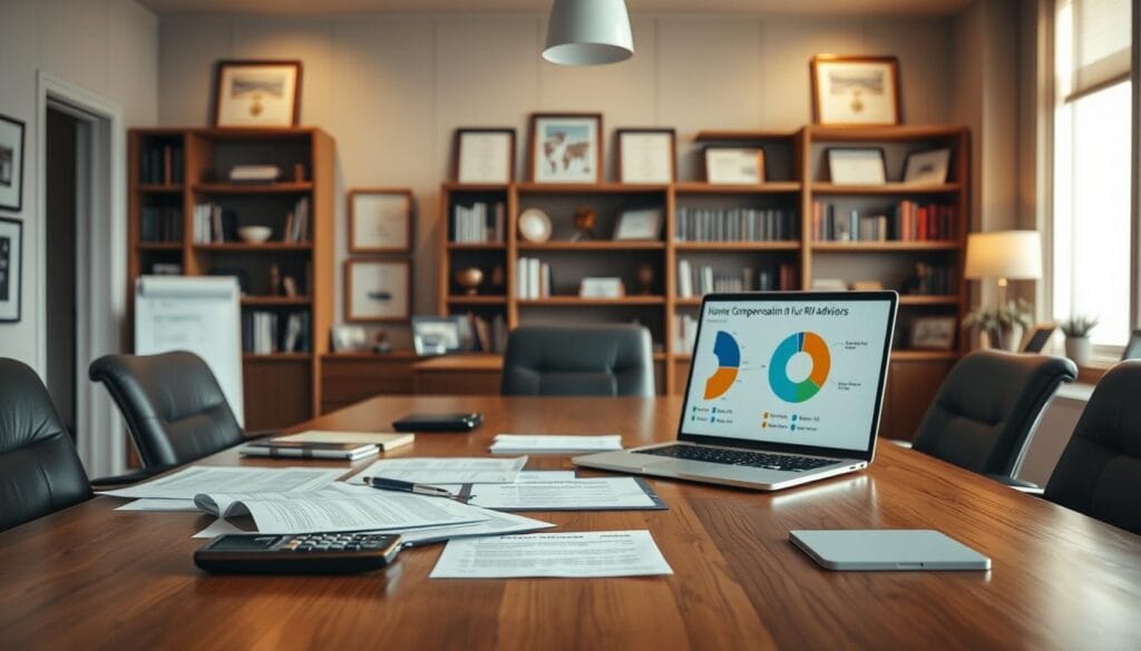 A modern, well-lit office interior with a large wooden conference table in the foreground. On the table, various financial documents, calculators, and a laptop displaying a pie chart representing the compensation structure for RIA advisors. In the background, bookcases filled with finance-related books and framed certificates on the walls, creating a professional and authoritative atmosphere. The lighting is warm and inviting, casting a soft glow on the scene. The overall mood is one of expertise, transparency, and thoughtful financial planning.
