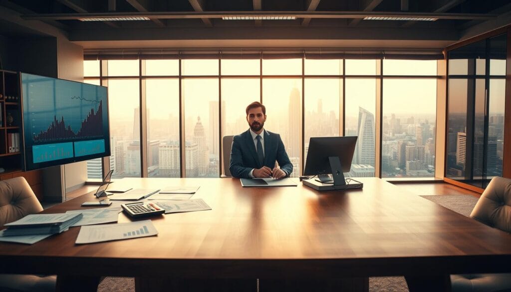 A modern, well-lit office space with a large wooden desk in the foreground. On the desk, there are various financial documents, a calculator, and a computer monitor displaying financial charts and graphs. In the middle ground, a knowledgeable-looking financial advisor sits at the desk, dressed in a sharp suit, engaged in conversation with a client. The background features floor-to-ceiling windows overlooking a bustling city skyline, bathed in a warm, golden afternoon light. The mood is one of professionalism, trust, and financial expertise.