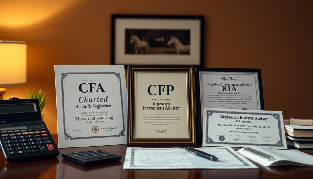 A neatly organized desk featuring various professional certifications and designations, including a CFA charter, CFP certification, and a Registered Investment Advisor (RIA) license, artfully displayed against a warm, inviting backdrop. The lighting is soft and diffused, creating a sense of authority and trustworthiness. The composition is balanced, with the certifications taking center stage, surrounded by subtle references to financial planning, such as a calculator, a pen, and a notepad. The overall mood is one of expertise, reliability, and a commitment to providing sound investment advice.