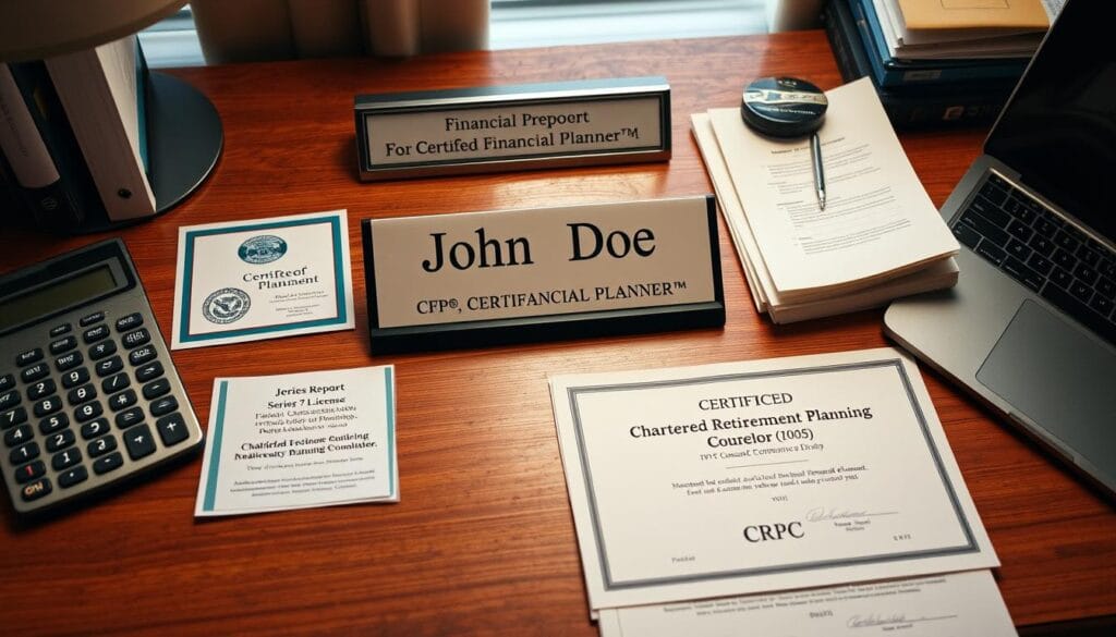 A neatly organized desk with a nameplate displaying "John Doe, CFP®, CERTIFIED FINANCIAL PLANNER™", along with various financial planning credentials and certifications such as a CFA designation, a Series 7 license, and a Chartered Retirement Planning Counselor (CRPC) certificate. Meticulously arranged beside them are a calculator, a stack of financial reports, and a sleek, modern laptop. The lighting is soft and warm, creating a professional and trustworthy atmosphere. The camera angle is slightly elevated, giving a sense of authority and expertise. A neatly organized desk with a nameplate displaying "John Doe, CFP®, CERTIFIED FINANCIAL PLANNER™", along with various financial planning credentials and certifications such as a CFA designation, a Series 7 license, and a Chartered Retirement Planning Counselor (CRPC) certificate. Meticulously arranged beside them are a calculator, a stack of financial reports, and a sleek, modern laptop. The lighting is soft and warm, creating a professional and trustworthy atmosphere. The camera angle is slightly elevated, giving a sense of authority and expertise.