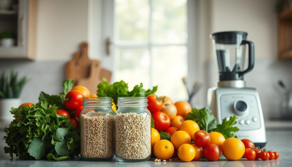 A neatly organized kitchen counter, bathed in soft, natural light from a large window. An assortment of fresh, vibrant produce - crisp greens, juicy tomatoes, and ripe citrus fruits - artfully arranged, suggesting a bountiful harvest. In the foreground, a pair of sturdy glass jars filled with dry goods like grains and legumes, their labels prominently displayed. Behind them, a sleek, modern appliance, perhaps a blender or food processor, hinting at the homeowner's commitment to wholesome, homemade meals. The overall scene exudes a sense of thrift, efficiency, and a appreciation for the simple pleasures of nourishing, cost-effective food.