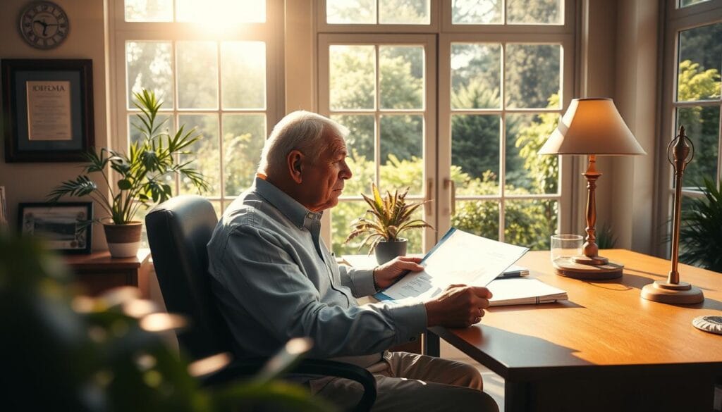 A peaceful, sun-dappled office scene. In the foreground, a retiree sits at a desk, intently reviewing financial documents and charts. Warm lighting casts a soft glow, creating a sense of tranquility. The middle ground features a potted plant, a framed diploma, and a tasteful lamp, conveying an atmosphere of professionalism and diligence. In the background, large windows overlook a lush, verdant garden, symbolizing the secure and prosperous future the retiree is planning for. The entire composition radiates a feeling of financial confidence and well-being.