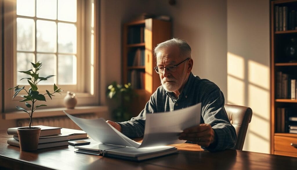 A peaceful, sun-dappled scene depicting a retiree reviewing financial documents at a wooden desk. Warm, soft lighting filters through a large window, casting a contemplative atmosphere. Shelves of books and a tasteful plant adorn the background, conveying a sense of financial wisdom and stability. The retiree's expression is one of focused consideration as they analyze investment strategies, mindful of tax implications. The image suggests a thoughtful, deliberate approach to long-term, tax-efficient wealth management in one's golden years. A peaceful, sun-dappled scene depicting a retiree reviewing financial documents at a wooden desk. Warm, soft lighting filters through a large window, casting a contemplative atmosphere. Shelves of books and a tasteful plant adorn the background, conveying a sense of financial wisdom and stability. The retiree's expression is one of focused consideration as they analyze investment strategies, mindful of tax implications. The image suggests a thoughtful, deliberate approach to long-term, tax-efficient wealth management in one's golden years.