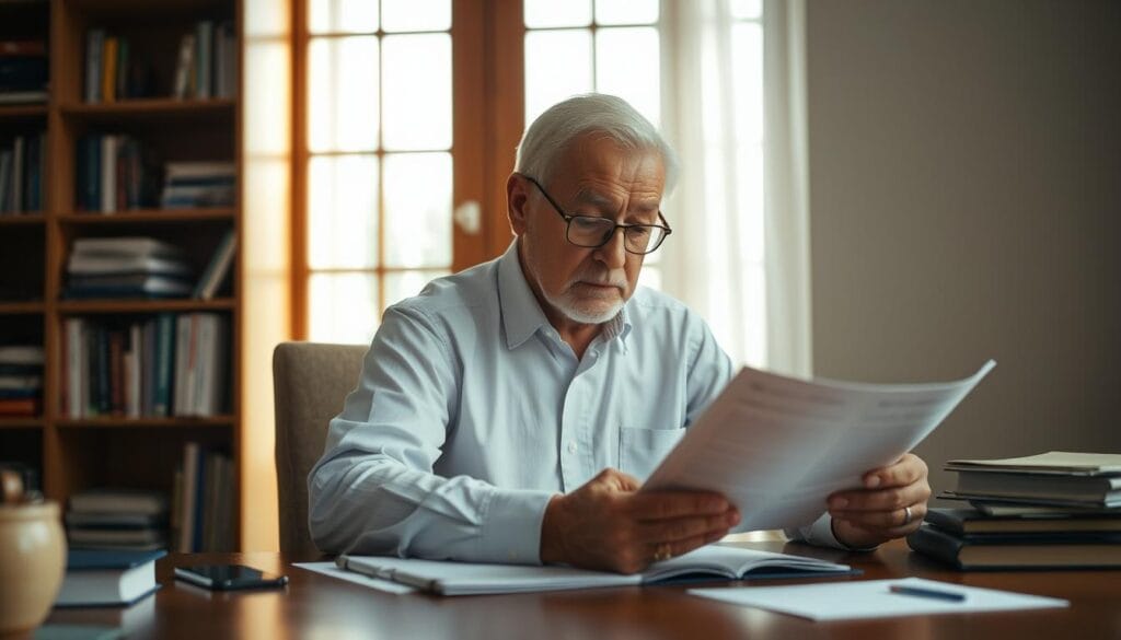 A pensive retiree sits at a wooden desk, pensively reviewing financial documents and retirement planning materials. The lighting is soft and warm, casting a contemplative glow on the scene. In the background, a bookshelf filled with financial guides and retirement planning resources stands as a reminder of the careful considerations needed for this important life transition. The retiree's expression conveys a sense of focus and determination, as they weigh the various factors that will shape their financial security and well-being in the golden years.
