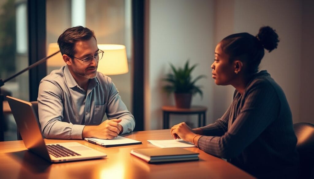 A professional financial advisor sits at a desk, offering personalized guidance and advice to a client. The scene is well-lit, with warm, inviting lighting that creates a sense of trust and collaboration. The advisor's expression is attentive and engaged, while the client appears thoughtful, indicating a meaningful discussion. The desk is neatly organized, with a laptop, notepad, and a few financial documents, suggesting a professional, yet approachable atmosphere. The background is softly blurred, keeping the focus on the interaction between the two individuals, emphasizing the personal nature of the pro bono financial advice.