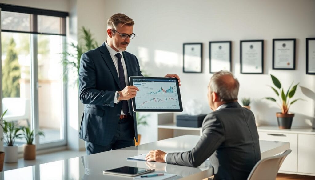 A professional financial advisor standing in a modern office, dressed in a sharp suit, gesturing towards a tablet displaying various financial charts and graphs. The advisor's expression is one of confidence and expertise, as they explain personalized investment strategies and retirement planning options to a well-dressed client seated across a sleek, minimalist desk. The office is filled with natural light, creating a warm and welcoming atmosphere, with potted plants and framed financial certificates visible in the background, conveying a sense of trust and reliability.
