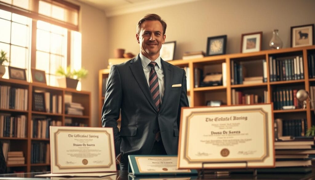 A professional financial advisor standing in a sunlit office, surrounded by bookshelves and desk accessories. The advisor is dressed in a tailored suit, exuding an air of expertise and trustworthiness. In the foreground, certificates and diplomas are prominently displayed, showcasing their qualifications and specialized training. The lighting is warm and inviting, creating a sense of professionalism and competence. The overall atmosphere conveys the advisor's depth of knowledge, commitment to their craft, and dedication to providing sound financial guidance to their clients.