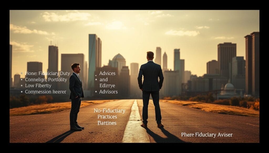 A professional financial advisor stands at a crossroads, one path leading to fiduciary duty, the other to non-fiduciary practices. In the foreground, two figures represent these divergent approaches - the fiduciary advisor, ethically bound to act in the client's best interest, and the non-fiduciary, focused on commission-driven sales. The middle ground reveals contrasting financial instruments, investment portfolios, and advisory services, symbolizing the differences in their obligations. In the background, a cityscape with towering skyscrapers casts a shadow, highlighting the weightiness of the decision. Warm lighting bathes the scene, creating an atmosphere of contemplation and the gravity of the choice faced by the financial advisor.