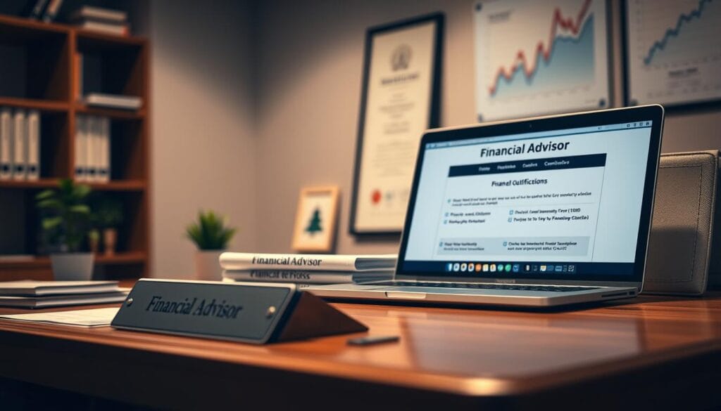 A professional financial advisor's desk, neatly arranged with a nameplate, a stack of diplomas and certifications, and a laptop displaying a web page showcasing their qualifications. The lighting is soft and warm, casting a professional and trustworthy atmosphere. The foreground features the advisor's credentials prominently, while the middle ground includes a potted plant and a framed certificate. The background blurs gently, with a bookshelf and a wall-mounted financial graph visible, emphasizing the advisor's expertise and the importance of their qualifications. A professional financial advisor's desk, neatly arranged with a nameplate, a stack of diplomas and certifications, and a laptop displaying a web page showcasing their qualifications. The lighting is soft and warm, casting a professional and trustworthy atmosphere. The foreground features the advisor's credentials prominently, while the middle ground includes a potted plant and a framed certificate. The background blurs gently, with a bookshelf and a wall-mounted financial graph visible, emphasizing the advisor's expertise and the importance of their qualifications.