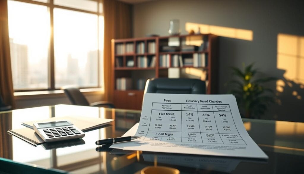A professional financial advisor's office, illuminated by warm, directional lighting. In the foreground, a clear glass desk with meticulously organized documents, a pen, and a digital calculator. On the desk, a well-designed infographic illustrates different fee structures, including flat fees, hourly rates, and asset-based charges. In the middle ground, a bookshelf filled with financial planning resources stands behind the desk, casting subtle shadows. The background features large windows overlooking a cityscape, creating a sense of professionalism and expertise. The overall atmosphere conveys trust, transparency, and the importance of understanding the costs associated with fiduciary financial advice. A professional financial advisor's office, illuminated by warm, directional lighting. In the foreground, a clear glass desk with meticulously organized documents, a pen, and a digital calculator. On the desk, a well-designed infographic illustrates different fee structures, including flat fees, hourly rates, and asset-based charges. In the middle ground, a bookshelf filled with financial planning resources stands behind the desk, casting subtle shadows. The background features large windows overlooking a cityscape, creating a sense of professionalism and expertise. The overall atmosphere conveys trust, transparency, and the importance of understanding the costs associated with fiduciary financial advice.