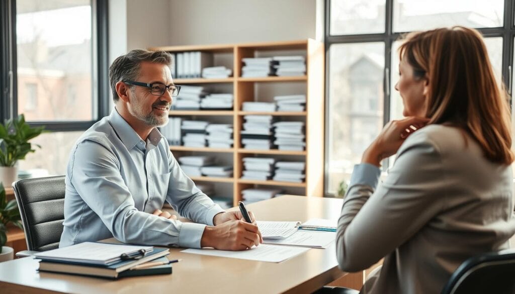 A professional financial consultant sitting at a desk, discussing financial plans and investment strategies with a client on the opposite side. The office is well-lit, with large windows allowing natural light to flood the room. The consultant's expressions are calm and attentive, while the client appears engaged and thoughtful. In the background, shelves filled with financial documents and reference materials lend an air of expertise and authority. The composition emphasizes the collaborative nature of the financial consultation process, with the two figures interacting across the desk in a warm, professional manner.