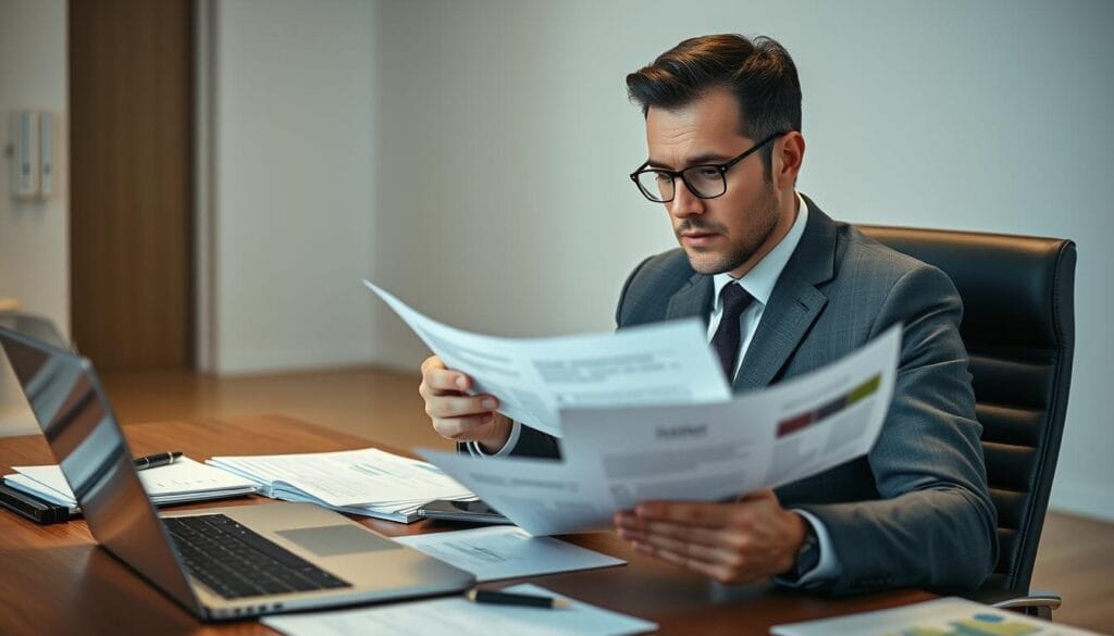 A professional-looking personal financial specialist sitting at a desk, meticulously reviewing financial documents and reports. The specialist wears a sharp, tailored suit and has a contemplative expression, conveying a sense of expertise and diligence. The desk is neatly organized, with a laptop, pen, and various financial tools. The background is a modern, minimalist office setting, with clean lines and subtle lighting creating a calm and focused atmosphere. The overall scene suggests a trustworthy, knowledgeable, and dedicated financial advisor.