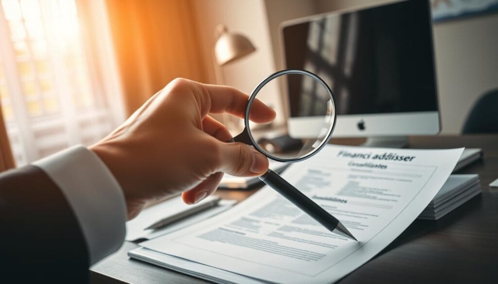 A professional, meticulously organized desk with a computer, pen, and stack of documents. In the foreground, a hand hovers over a magnifying glass, inspecting a candidate's résumé and credentials. Warm, directional lighting from a nearby window casts a soft glow, creating a contemplative atmosphere. The background is slightly blurred, emphasizing the focal point of the evaluation process. The scene conveys a sense of careful, thoughtful consideration as the financial advisor assesses the qualifications of a prospective client. A professional, meticulously organized desk with a computer, pen, and stack of documents. In the foreground, a hand hovers over a magnifying glass, inspecting a candidate's résumé and credentials. Warm, directional lighting from a nearby window casts a soft glow, creating a contemplative atmosphere. The background is slightly blurred, emphasizing the focal point of the evaluation process. The scene conveys a sense of careful, thoughtful consideration as the financial advisor assesses the qualifications of a prospective client.