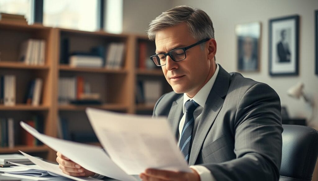 A professional middle-aged person in a suit, sitting at a desk and reviewing financial documents. The subject is well-lit, with soft, directional lighting from a window behind the desk, creating a warm and inviting atmosphere. The background is blurred, suggesting an office setting with bookshelves and other financial artifacts. The subject's expression is one of focused attention, conveying a sense of expertise and trustworthiness. The overall composition is balanced and visually appealing, reflecting the role of a personal financial advisor who provides guidance and expertise to their clients.