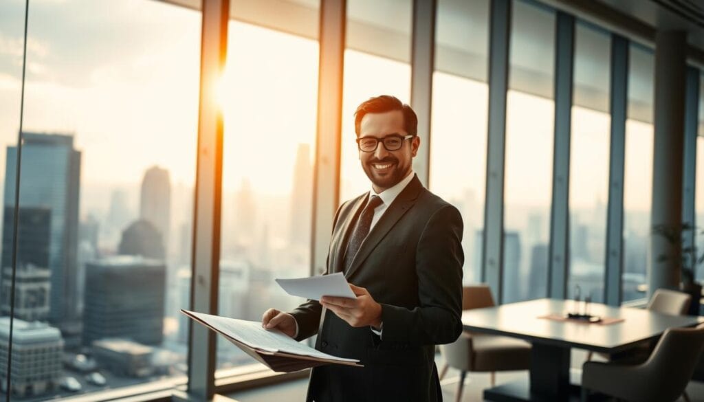 A professional, well-dressed fiduciary advisor standing in a modern, glass-walled office, overlooking a bustling city skyline. Warm, natural lighting filters through the windows, casting a soft glow on the advisor's face as they review financial documents with a client. The advisor's expression is one of calm, reassuring confidence, conveying expertise and trustworthiness. In the background, a sleek, minimalist workspace with a large desk, comfortable chairs, and subtle, elegant decor. The overall atmosphere is one of professionalism, competence, and a commitment to helping clients achieve their financial goals. A professional, well-dressed fiduciary advisor standing in a modern, glass-walled office, overlooking a bustling city skyline. Warm, natural lighting filters through the windows, casting a soft glow on the advisor's face as they review financial documents with a client. The advisor's expression is one of calm, reassuring confidence, conveying expertise and trustworthiness. In the background, a sleek, minimalist workspace with a large desk, comfortable chairs, and subtle, elegant decor. The overall atmosphere is one of professionalism, competence, and a commitment to helping clients achieve their financial goals.