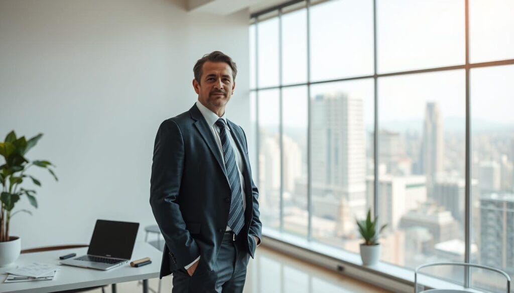 A professional, well-dressed fiduciary financial advisor standing in a modern, well-lit office, conveying a sense of trustworthiness and expertise. The advisor is positioned in the foreground, facing the viewer with a neutral expression, wearing a crisp suit and tie. The middle ground features a desk with a laptop, financial documents, and a potted plant, suggesting a productive and organized workspace. The background showcases floor-to-ceiling windows, offering a view of a bustling city skyline, conveying a sense of stability and success. The lighting is soft and natural, creating a warm, inviting atmosphere that reflects the advisor's role as a reliable guide in financial matters.