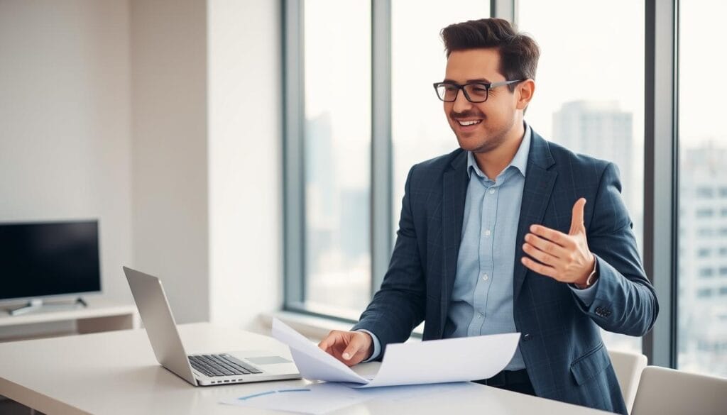 A professional, well-dressed personal financial advisor standing in a modern, well-lit office, papers and a laptop on the desk in front of them. They have a friendly, approachable expression and are gesturing with one hand as if explaining something to a client. The background is clean and minimalist, with a large window overlooking a cityscape, casting a warm, natural light on the scene. The overall atmosphere conveys trust, expertise, and a commitment to helping clients achieve their financial goals.