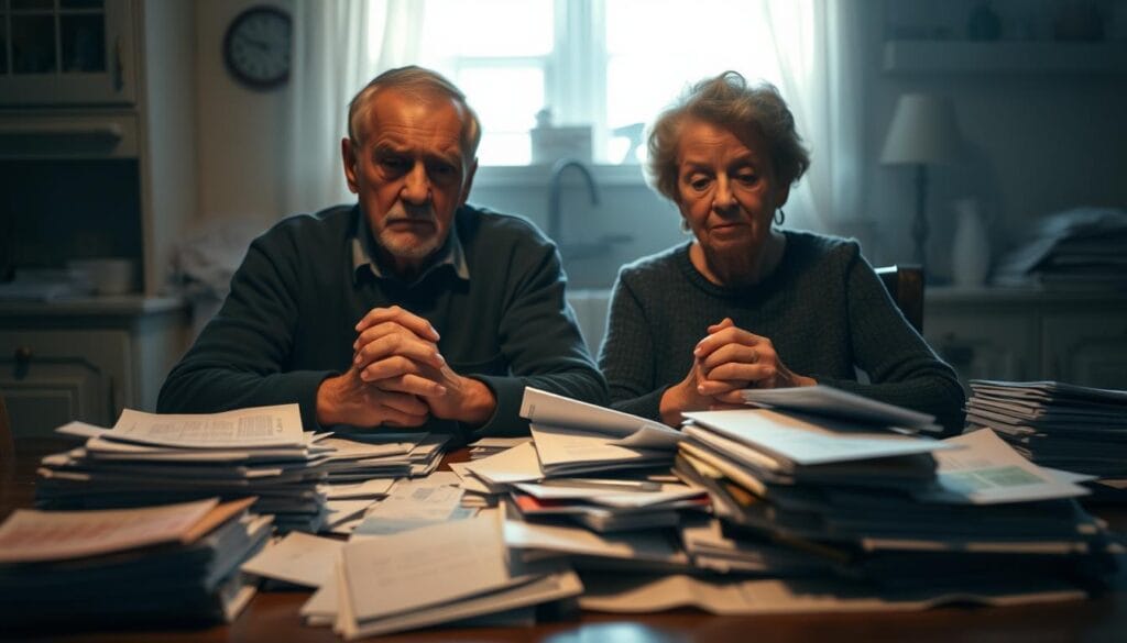 A retired senior couple sitting at a kitchen table, overwhelmed by stacks of bills and financial documents. The scene is dimly lit, with a somber, almost melancholic atmosphere. In the foreground, the couple's hands are clasped, their expressions etched with worry and uncertainty. In the middle ground, the cluttered table is a visual metaphor for the financial challenges they face. The background is hazy, suggesting the complexity and weight of their situation. The lighting is soft and warm, creating a sense of intimacy and vulnerability. The overall composition conveys the emotional and practical burdens of debt among older Americans.