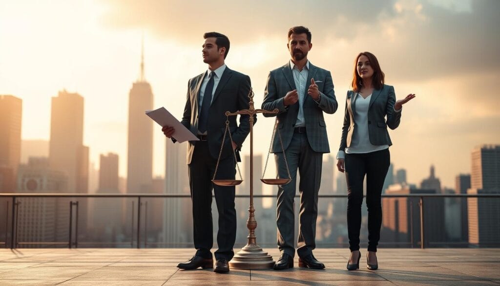 A scene depicting the contrasting roles of fiduciary and non-fiduciary financial advisors. In the foreground, two figures stand side by side, one in a suit and tie, the other in casual attire. The suited figure holds a document, symbolizing their fiduciary duty to act in the client's best interest, while the casual figure gestures with an air of informality. In the middle ground, a scales of justice sways, representing the importance of transparency and accountability. The background features a cityscape, with skyscrapers and a warm, golden light, conveying the high-stakes world of financial advising. The overall tone is one of contemplation and decision-making, inviting the viewer to consider the implications of choosing a fiduciary or non-fiduciary advisor. A scene depicting the contrasting roles of fiduciary and non-fiduciary financial advisors. In the foreground, two figures stand side by side, one in a suit and tie, the other in casual attire. The suited figure holds a document, symbolizing their fiduciary duty to act in the client's best interest, while the casual figure gestures with an air of informality. In the middle ground, a scales of justice sways, representing the importance of transparency and accountability. The background features a cityscape, with skyscrapers and a warm, golden light, conveying the high-stakes world of financial advising. The overall tone is one of contemplation and decision-making, inviting the viewer to consider the implications of choosing a fiduciary or non-fiduciary advisor.