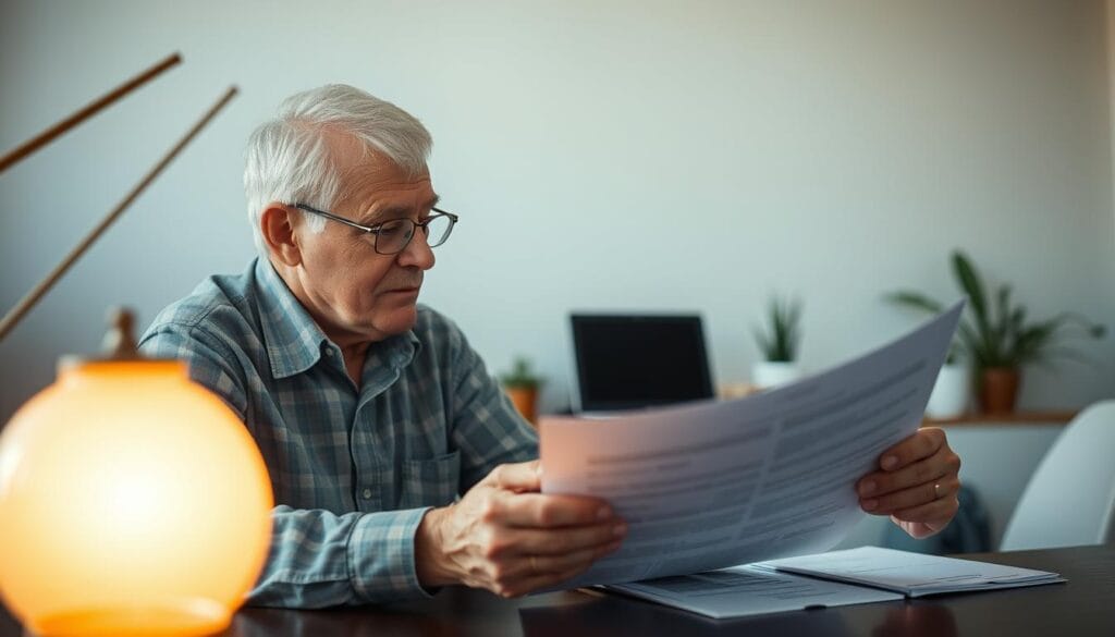 A senior adult sitting at a desk, intently reviewing financial documents with a thoughtful expression. In the foreground, a warm-toned lamp casts a gentle glow, highlighting the detailed paperwork. The middle ground features a simple, uncluttered office setup, with a computer monitor and a few decorative plants, conveying a sense of professionalism and care. The background softly fades into a neutral, calming palette, emphasizing the focus on the financial services being provided. The overall scene radiates a sense of trust, expertise, and a commitment to assisting the senior client.