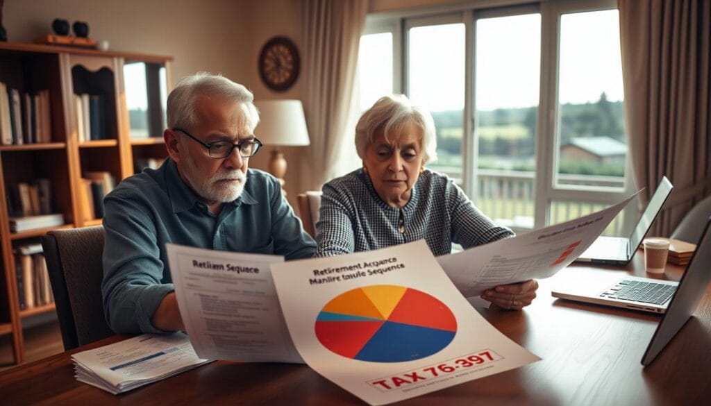 A senior couple sits at a desk, reviewing financial documents and retirement account statements. The foreground shows their serious expressions as they strategize their withdrawal sequence, aiming to minimize taxes. The middle ground displays a pie chart depicting different tax brackets, with highlighted sections indicating their current and future positions. The background features a bookshelf, a laptop, and a window overlooking a picturesque suburban landscape, conveying a sense of careful financial planning in a serene, comfortable setting. Warm, natural lighting casts a soft glow, and the composition is captured with a shallow depth of field, drawing the viewer's attention to the couple's thoughtful deliberation. A senior couple sits at a desk, reviewing financial documents and retirement account statements. The foreground shows their serious expressions as they strategize their withdrawal sequence, aiming to minimize taxes. The middle ground displays a pie chart depicting different tax brackets, with highlighted sections indicating their current and future positions. The background features a bookshelf, a laptop, and a window overlooking a picturesque suburban landscape, conveying a sense of careful financial planning in a serene, comfortable setting. Warm, natural lighting casts a soft glow, and the composition is captured with a shallow depth of field, drawing the viewer's attention to the couple's thoughtful deliberation.