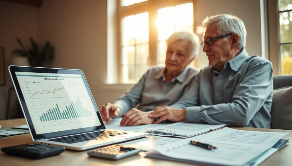 A senior couple sits together, studying financial documents and reviewing retirement account statements. Warm natural lighting filters through large windows, casting a serene glow. The scene conveys a sense of careful planning, financial responsibility, and the peaceful anticipation of a well-earned retirement. In the foreground, a laptop displays graphs and charts tracking investment performance. On the desk, a calculator, pen, and organized folders suggest a methodical approach to managing their savings. The background is softly blurred, keeping the focus on the couple's engaged expressions as they discuss their financial future. A senior couple sits together, studying financial documents and reviewing retirement account statements. Warm natural lighting filters through large windows, casting a serene glow. The scene conveys a sense of careful planning, financial responsibility, and the peaceful anticipation of a well-earned retirement. In the foreground, a laptop displays graphs and charts tracking investment performance. On the desk, a calculator, pen, and organized folders suggest a methodical approach to managing their savings. The background is softly blurred, keeping the focus on the couple's engaged expressions as they discuss their financial future.