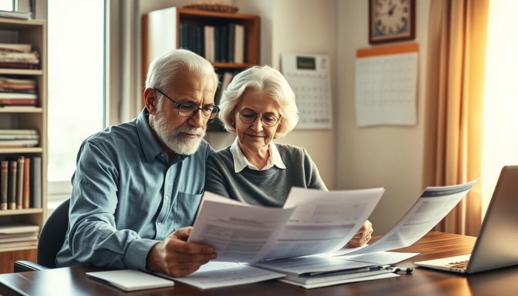 A senior couple sitting at a desk, reviewing financial documents and discussing retirement planning with a financial advisor. The scene is lit by warm natural light from a window, casting a soft glow on their faces. The advisor gestures towards the documents, explaining investment strategies and retirement income options. The couple listens intently, expressions of trust and confidence. In the background, a bookshelf filled with financial books and a calendar on the wall suggest a professional yet welcoming atmosphere. The overall mood is one of security, wisdom, and a collaborative approach to securing their financial future.