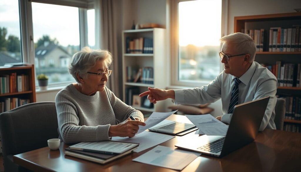 A senior couple sitting at a table, reviewing financial documents and discussing their retirement planning with a financial advisor. The advisor gestures towards a laptop screen displaying charts and graphs. Soft, warm lighting illuminates the scene, creating a sense of trust and professionalism. The background features a bookshelf filled with financial publications and a window overlooking a picturesque suburban landscape, conveying a sense of stability and security. The overall mood is one of thoughtful consideration and collaborative problem-solving, reflecting the importance of retirement income planning for seniors. A senior couple sitting at a table, reviewing financial documents and discussing their retirement planning with a financial advisor. The advisor gestures towards a laptop screen displaying charts and graphs. Soft, warm lighting illuminates the scene, creating a sense of trust and professionalism. The background features a bookshelf filled with financial publications and a window overlooking a picturesque suburban landscape, conveying a sense of stability and security. The overall mood is one of thoughtful consideration and collaborative problem-solving, reflecting the importance of retirement income planning for seniors.