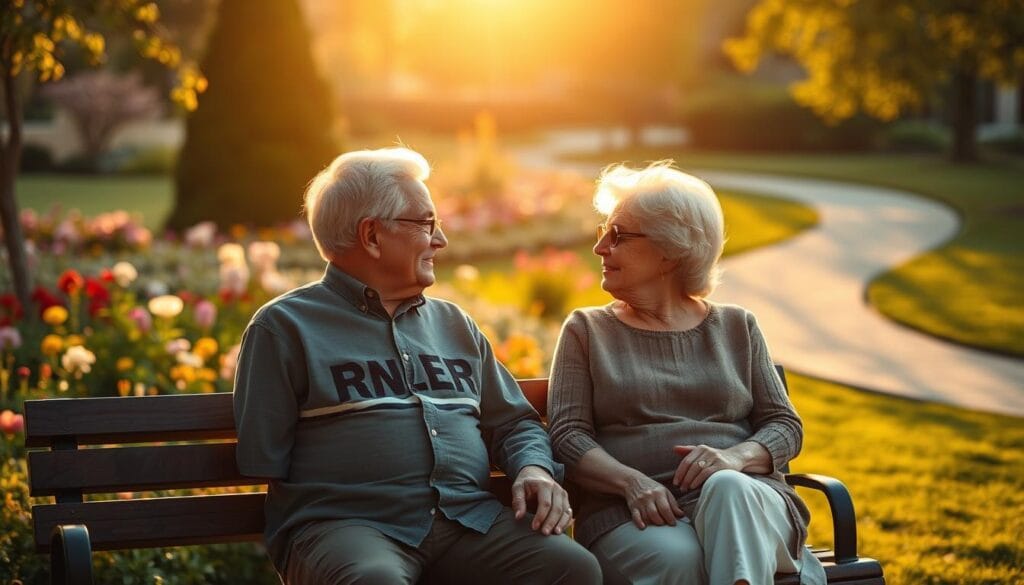 A senior couple sitting comfortably on a park bench, lost in thoughtful conversation. The warm afternoon sun casts a soft glow, highlighting their faces as they discuss their financial future. In the background, a tranquil garden with blooming flowers and a meandering path, symbolizing the peace and security of a well-planned retirement. The scene conveys a sense of serenity and the importance of personalized guidance to navigate the complexities of retirement planning.