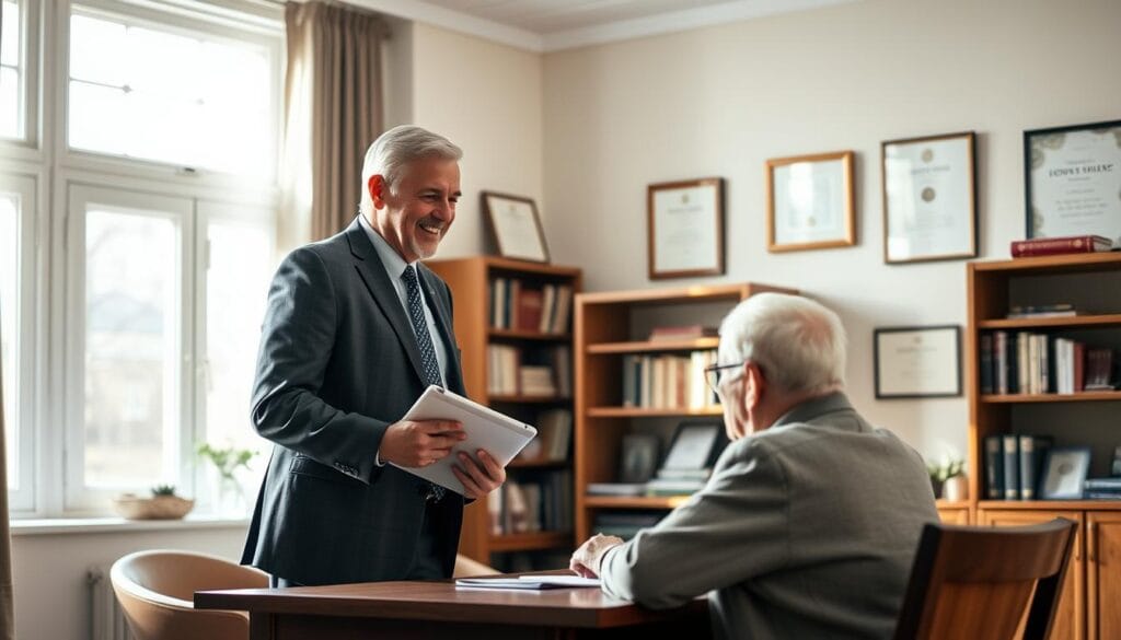 A senior financial coach standing in a warm, well-lit office, wearing a smart suit and holding a tablet. The coach has a kind, approachable expression and is leaning forward, engaged in a conversation with an elderly client seated across a wooden desk. Bookshelves and framed certificates line the walls, conveying professionalism and expertise. Soft, natural lighting filters through large windows, creating a calming, trustworthy atmosphere. The scene evokes a sense of guidance, empowerment, and a deep understanding of the unique financial needs and concerns of older adults.