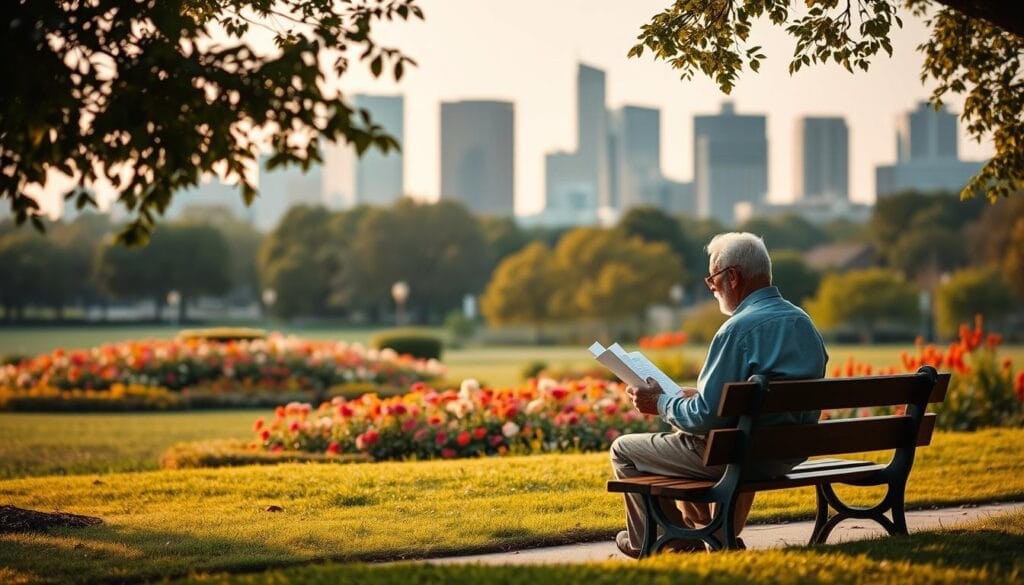 A serene and thoughtful financial landscape for seniors, captured in soft, warm tones. In the foreground, an elderly couple sitting on a park bench, reviewing documents and discussing their options. In the middle ground, a lush garden with vibrant flowers, symbolizing the growth and renewal of later life. In the background, a skyline of modern yet inviting buildings, representing the financial institutions and resources available to support seniors' financial well-being. The scene is illuminated by a gentle, diffused light, creating a sense of tranquility and contemplation. The overall atmosphere conveys a balance of stability, security, and the wisdom that comes with age.