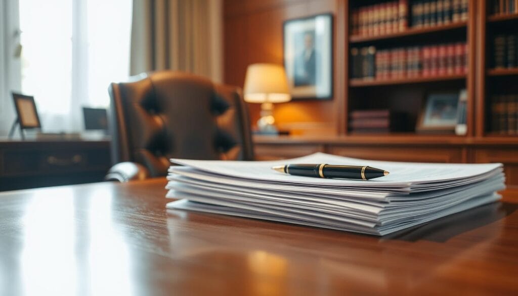 A serene and well-lit office setting with a wooden desk, leather chair, and a bookshelf in the background. On the desk, a stack of financial documents and a pen resting on them, symbolizing the fiduciary responsibility of a registered investment advisor. The lighting is warm and inviting, creating a sense of professionalism and trustworthiness. The overall composition conveys the gravitas and diligence required in upholding the fiduciary standard when providing financial guidance to retirees. A serene and well-lit office setting with a wooden desk, leather chair, and a bookshelf in the background. On the desk, a stack of financial documents and a pen resting on them, symbolizing the fiduciary responsibility of a registered investment advisor. The lighting is warm and inviting, creating a sense of professionalism and trustworthiness. The overall composition conveys the gravitas and diligence required in upholding the fiduciary standard when providing financial guidance to retirees.