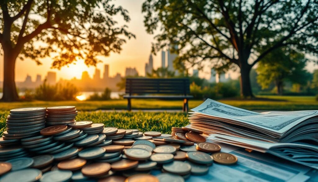 A serene financial landscape, where retirement savings strategies unfold gracefully. In the foreground, a meticulously arranged array of coins, bills, and investment documents symbolize the thoughtful construction of a retirement plan. The middle ground features a tranquil scene of a park bench, surrounded by lush greenery and a gently flowing stream, representing the peaceful contemplation of one's financial future. In the background, a skyline of modern skyscrapers and a warm, golden-hued sunset create a sense of security and stability. The overall composition conveys a harmonious balance between present financial diligence and the envisioned tranquility of a comfortable retirement.
