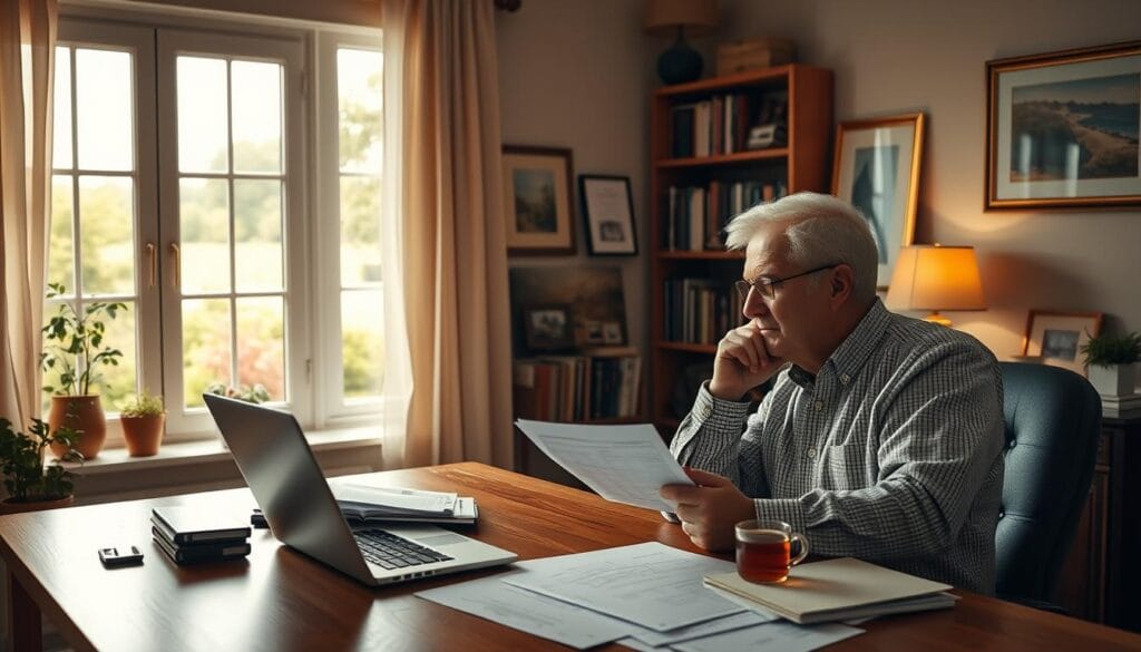 A serene home office setting, where a mature individual thoughtfully reviews retirement planning documents. Warm, diffused lighting from a large window casts a soft glow, evoking a sense of contemplation. In the foreground, a wooden desk holds a laptop, various financial papers, and a thoughtfully placed cup of tea. The middle ground features bookshelves filled with financial references, complemented by framed artwork and personal mementos, reflecting a lifetime of experience. The background showcases a tranquil outdoor scene, with lush greenery and a calming vista, symbolizing the balance between the technical and emotional aspects of retirement planning.