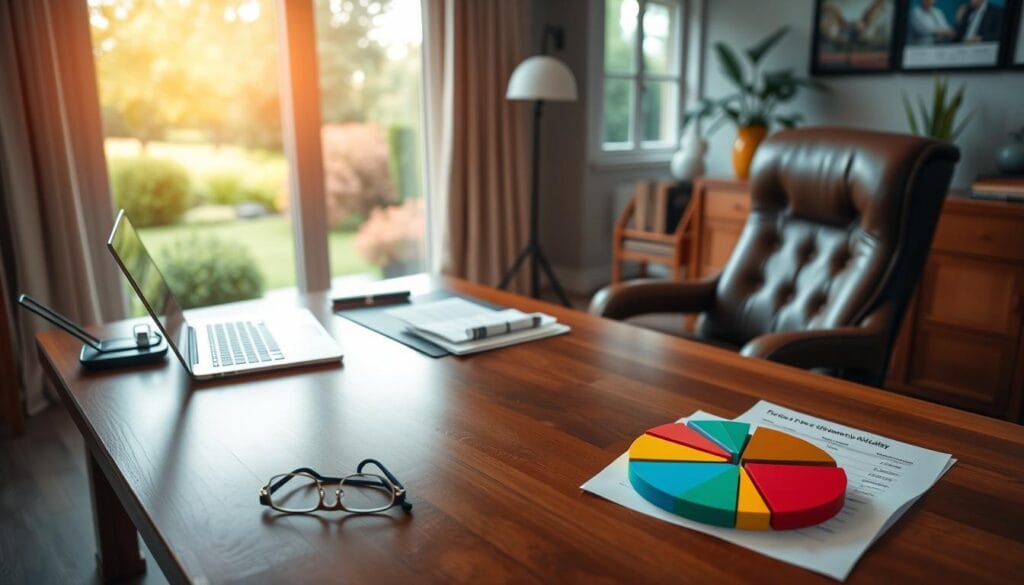 A serene home office setting with a large wooden desk, a comfortable leather chair, and a peaceful garden view through the window. On the desk, a laptop, a pair of reading glasses, and financial documents arranged neatly. The lighting is soft and warm, creating a calming atmosphere. In the foreground, a colorful pie chart visualization depicting a well-balanced retirement investment allocation strategy, with different asset classes represented. The composition suggests a thoughtful, organized approach to financial planning for a secure retirement.