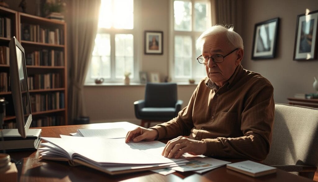 A serene home office setting with an elderly person sitting at a desk, reviewing financial documents and papers. Soft natural lighting filters in through large windows, casting a warm, contemplative glow. In the background, bookshelves and framed artwork add a sense of wisdom and experience. The person's expression is one of thoughtful concentration, conveying the gravity of retirement planning decisions. Hints of retirement-related items, such as a retirement planning guide or pension statements, are visible on the desk, creating a sense of intentional, guided financial preparation for the next phase of life.