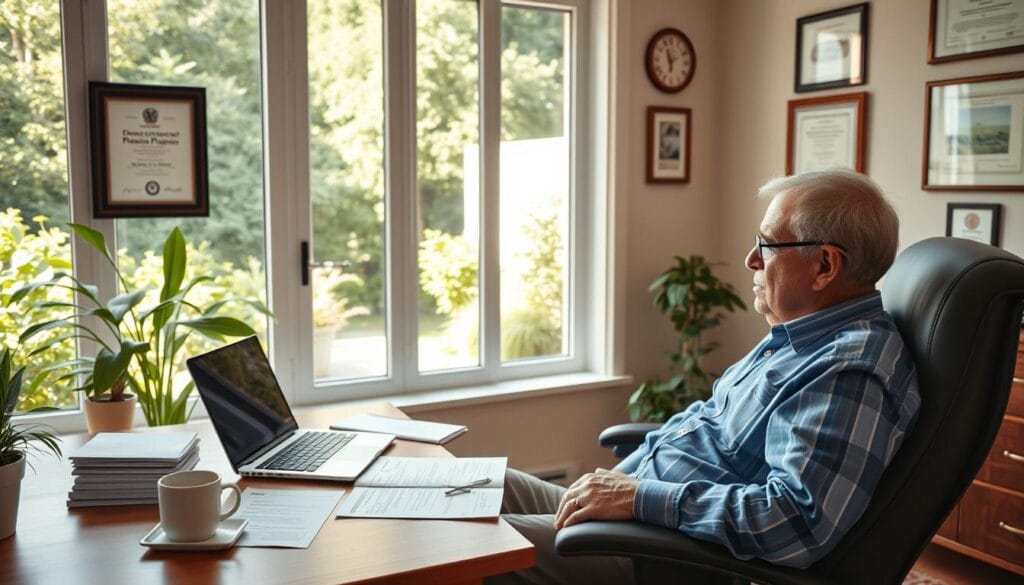 A serene home office with a large window overlooking a lush garden. On the desk, an open laptop, a stack of financial documents, and a cup of coffee. The walls are adorned with framed certificates and awards, reflecting the experience and expertise of a retirement planning advisor. The room is bathed in warm, natural light, creating a tranquil and inviting atmosphere. In the foreground, a retiree sits comfortably in an ergonomic chair, deep in thought as they review their financial plans. The overall scene conveys a sense of financial security, thoughtful planning, and a peaceful transition into retirement.