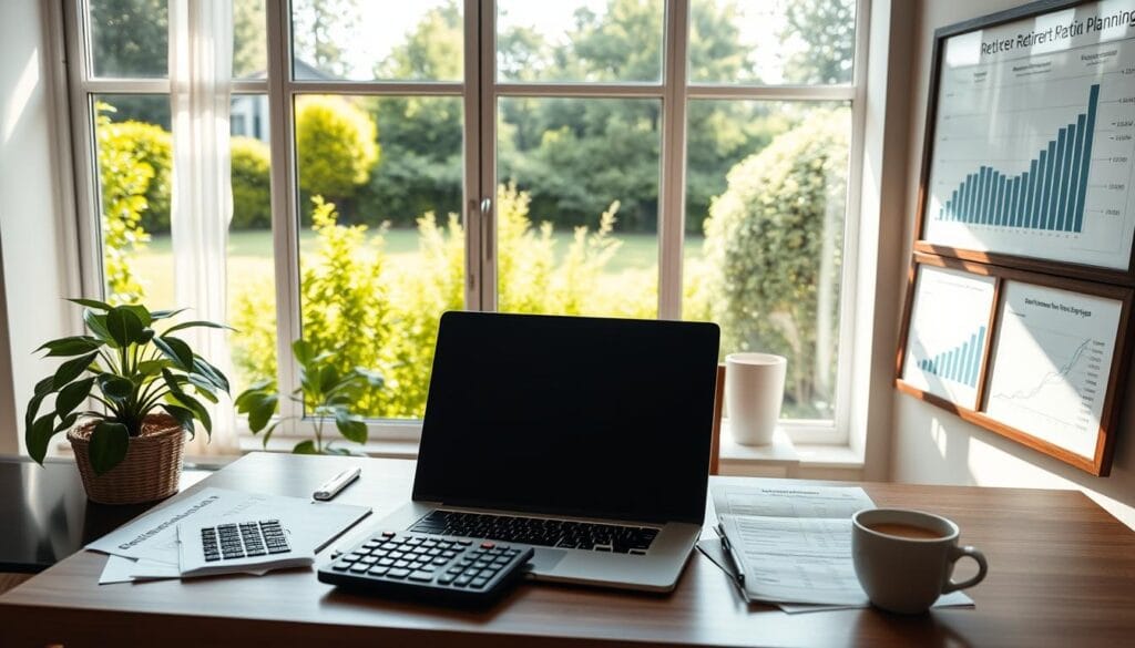 A serene home office with a view of a lush garden, sunlight streaming through large windows. On the desk, a laptop, a calculator, and a stack of financial documents. Framed retirement planning charts and graphs adorn the walls. A potted plant and a mug of coffee provide a touch of warmth. The atmosphere conveys a sense of thoughtful financial planning for the future, suitable for a senior millennial audience.