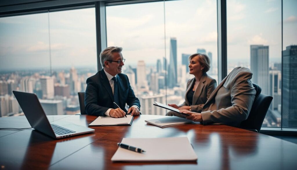 A serene, modern office setting with floor-to-ceiling windows overlooking a bustling cityscape. In the foreground, a polished wooden desk with a laptop, pen, and folder - symbols of a professional financial advisor at work. The middle ground features two well-dressed individuals, a client and advisor, engaged in an in-depth discussion, their expressions conveying trust and confidence. The background showcases the city's skyline, hinting at the wealth management firm's global reach and influence. Soft, directional lighting casts a warm glow, creating an atmosphere of expertise and stability. The scene evokes a sense of security, competence, and the personalized guidance a local investment advisor can provide to retirees seeking to manage their wealth.