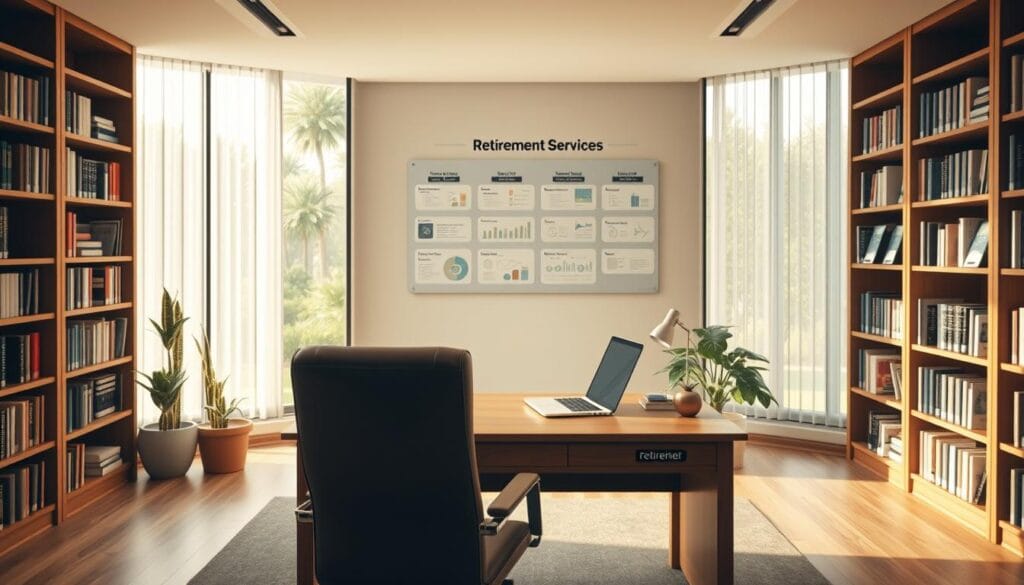 A serene, modern office space with floor-to-ceiling windows overlooking a lush, landscaped garden. At the center, a wooden desk with a laptop and a nameplate that reads "Retirement Services". Bookshelves line the walls, filled with financial planning guides and retirement-related literature. Soft, indirect lighting creates a warm, inviting atmosphere. A comfortable leather chair is positioned in front of the desk, conveying a sense of personalized attention and guidance. In the background, a wall display showcases various retirement planning tools and investment options. The overall scene exudes professionalism, expertise, and a commitment to helping clients achieve their retirement goals.
