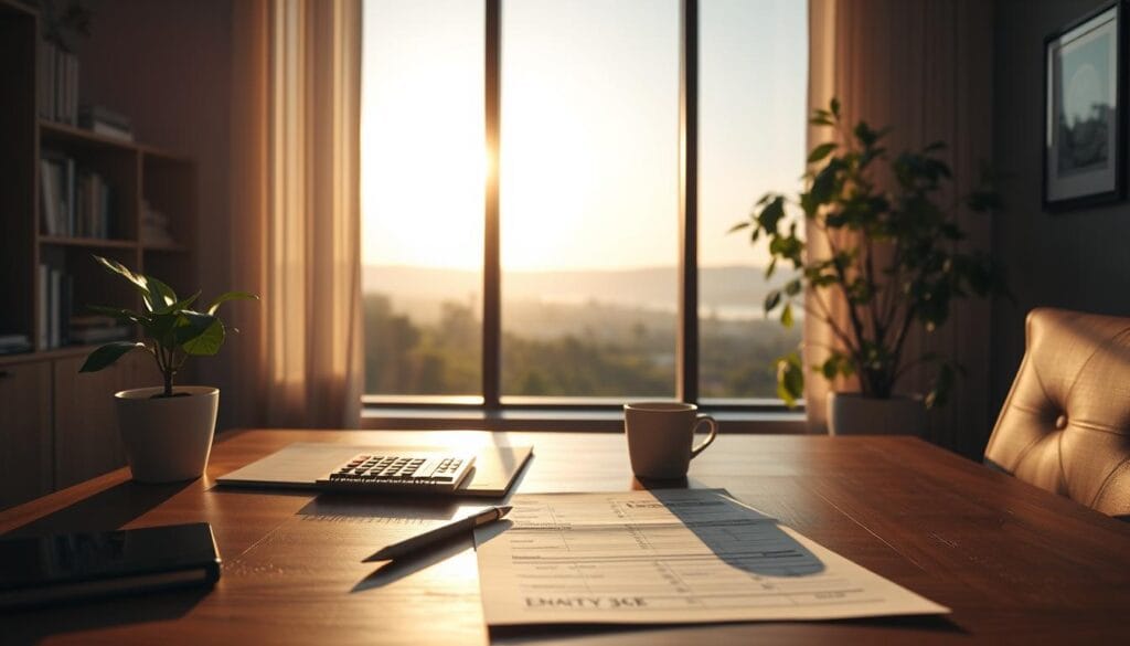 A serene office scene with a wooden desk, a potted plant, and a financial planner's workspace. Warm lighting casts a soft glow, highlighting a retirement planning document, calculator, and a cup of coffee. In the background, a large window overlooks a tranquil, sun-dappled landscape, symbolizing the peaceful transition into retirement. The atmosphere is one of contemplation and careful consideration, reflecting the thoughtful process of crafting a comprehensive retirement strategy.