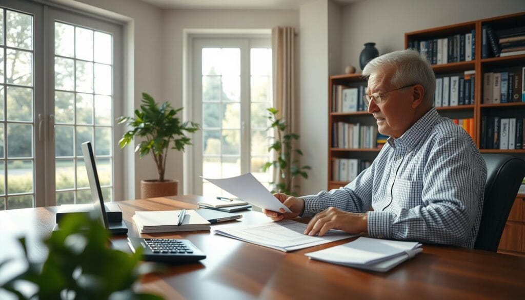 A serene office setting with a senior retiree reviewing investment documents at a wooden desk, sunlight streaming in through large windows. In the foreground, a calculator, pen, and carefully organized files convey a sense of careful risk management. The middle ground features a bookshelf filled with financial planning guides, while the background showcases a tranquil garden view, symbolizing the importance of balancing prudent investment strategies with a peaceful retirement lifestyle. A serene office setting with a senior retiree reviewing investment documents at a wooden desk, sunlight streaming in through large windows. In the foreground, a calculator, pen, and carefully organized files convey a sense of careful risk management. The middle ground features a bookshelf filled with financial planning guides, while the background showcases a tranquil garden view, symbolizing the importance of balancing prudent investment strategies with a peaceful retirement lifestyle.