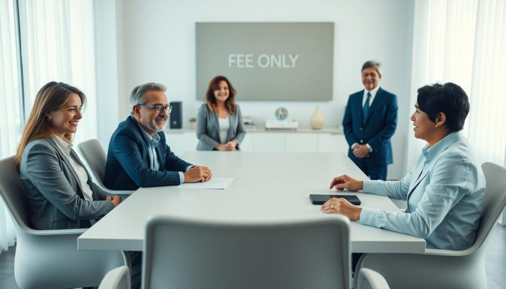 A serene office setting with a team of well-dressed, professional-looking individuals seated around a modern, minimalist conference table. The lighting is soft and natural, with a warm, inviting ambiance. The foreground features a senior couple engaged in a thoughtful discussion with their financial advisor, whose expression conveys expertise and trustworthiness. The middle ground showcases additional financial advisors, each with a distinct, personable demeanor. The background subtly hints at the company's fee-only approach, perhaps through discreet signage or carefully curated decor. The overall scene radiates a sense of confidence, transparency, and personalized financial guidance.