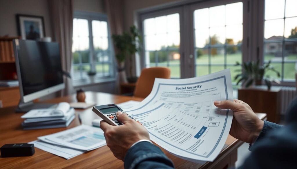 A serene office setting with a wooden desk, a desktop computer, and a stack of financial documents. Overhead, soft lighting casts a warm glow, creating a contemplative atmosphere. In the foreground, a pair of hands holding a calculator, meticulously analyzing the details of a Social Security statement. In the background, a window offers a view of a tranquil suburban landscape, hinting at the importance of this financial decision for retirement planning. The scene conveys the careful consideration and optimization required when navigating the complexities of Social Security taxation. A serene office setting with a wooden desk, a desktop computer, and a stack of financial documents. Overhead, soft lighting casts a warm glow, creating a contemplative atmosphere. In the foreground, a pair of hands holding a calculator, meticulously analyzing the details of a Social Security statement. In the background, a window offers a view of a tranquil suburban landscape, hinting at the importance of this financial decision for retirement planning. The scene conveys the careful consideration and optimization required when navigating the complexities of Social Security taxation.