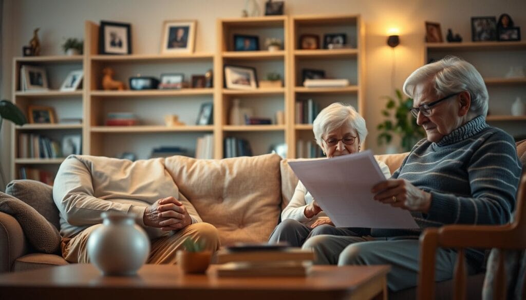 A serene, softly-lit scene of older adults relaxing in a cozy living room. In the foreground, a senior couple sits comfortably on a plush couch, their hands clasped as they discuss their monthly pension and social security payments. In the middle ground, an elderly woman reviews financial documents at a well-lit table, her face deep in concentration. The background features bookshelves filled with family photos and mementos, conveying a sense of lifelong security and stability. Warm, ambient lighting casts a gentle glow, creating an atmosphere of tranquility and financial well-being.