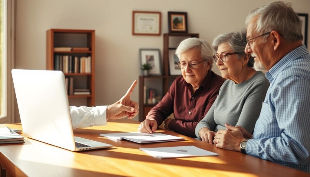 A serene, sunlit office setting with a wooden desk, where a financial advisor sits in deep discussion with a retired couple. Soft natural lighting illuminates the scene, creating a warm, inviting atmosphere. The advisor gestures towards a laptop screen, explaining retirement income planning strategies, while the couple listens intently, expressions of trust and understanding on their faces. In the background, a bookshelf and framed certificates suggest the advisor's expertise and credibility. The overall composition conveys a sense of thoughtful, personalized guidance towards a secure financial future.