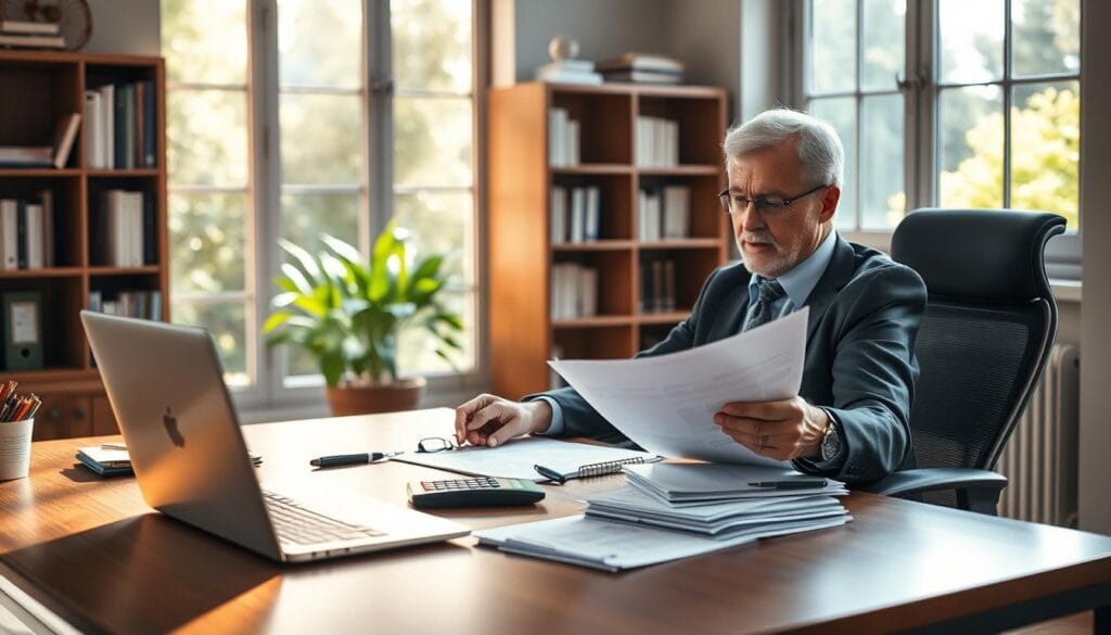 A serene, sunlit office space with a wooden desk and ergonomic chair, highlighting a laptop, calculator, and stack of financial documents. In the middle ground, a person in business attire reviews retirement planning materials, their expression thoughtful and focused. In the background, a bookshelf filled with financial literature and a window overlooking a verdant garden, symbolizing the careful planning and long-term vision required for effective retirement savings. The scene is illuminated by warm, natural lighting, evoking a sense of tranquility and diligence. The overall composition conveys the importance of 401(k) strategies for senior millennials seeking financial security in their golden years.